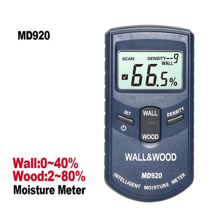 Handheld Moisture Tester for Wood and Wall Surfaces in Construction showing MD920 display reading 66.5% for wood and wall moisture