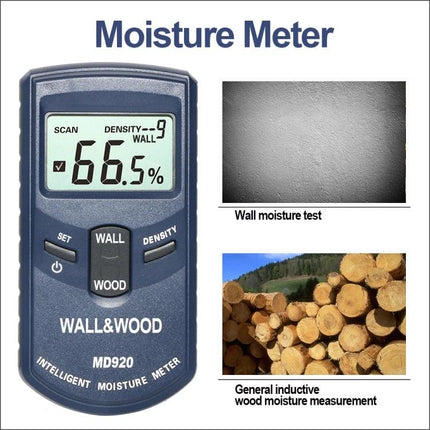 Handheld Moisture Tester for Wood and Wall Surfaces in Construction - handheld meter showing 66.5% moisture for wall and wood