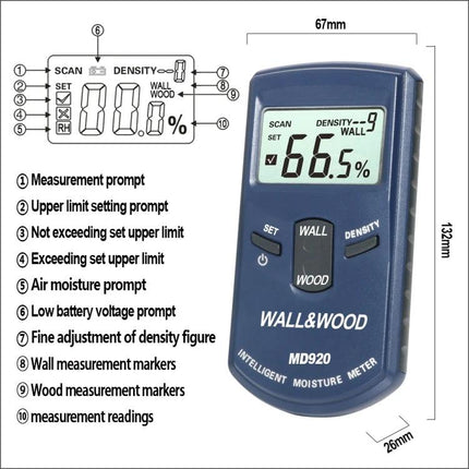 Handheld Moisture Tester for Wood and Wall Surfaces in Construction digital MD920 showing 66.5% moisture reading with wall and wood modes
