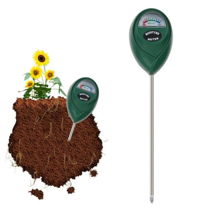Compact Mini Soil pH and Moisture Meter for Home Gardening - green dual-probe soil moisture and pH tester next to potted soil and sunflowers