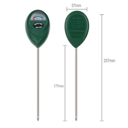 Compact Mini Soil pH and Moisture Meter for Home Gardening - green dual-scale probe showing meter face and dimensions (57mm x 257mm)