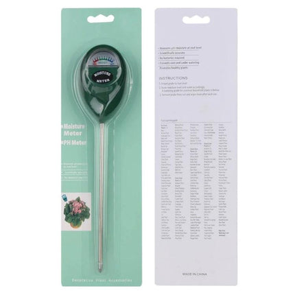 Compact Mini Soil pH and Moisture Meter for Home Gardening in packaging showing probe and dial for pH and moisture readings