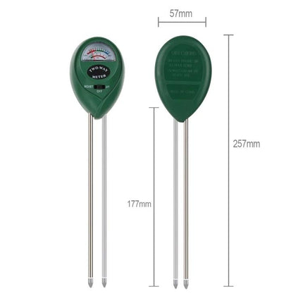 Soil pH and Moisture Meter for Gardening and Plant Care - green dual-probe analog meter with dimensions shown