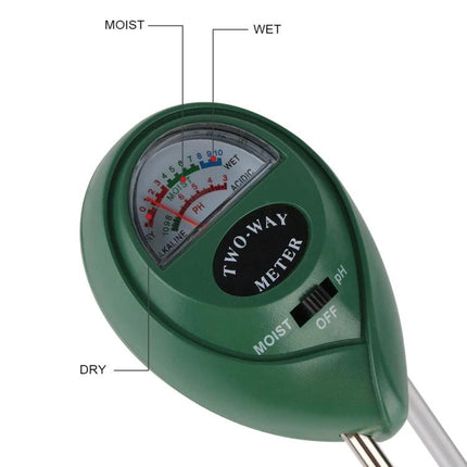 Soil pH and Moisture Meter for Gardening and Plant Care - handheld two-way meter showing pH and moisture gauge for gardens and potted plants