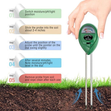 Soil pH and Moisture Meter for Gardening and Plant Care showing probe inserted into soil with reading dial and usage steps
