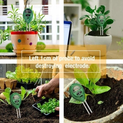 Soil pH and Moisture Meter for Gardening and Plant Care inserted in potted plants and garden beds for quick pH and moisture checks