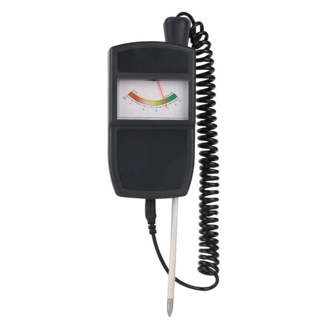Digital Soil Moisture and pH Meter for Gardening Plant Care - handheld probe showing moisture and pH gauge with coiled cable