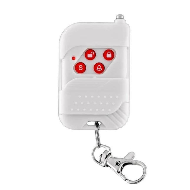 Wireless Keychain Remote for Home Security Alarm Systems compact four-button white key fob with metal clip