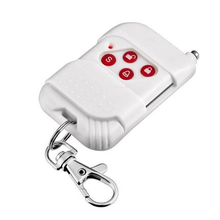 Wireless Keychain Remote for Home Security Alarm Systems - white four-button compact key fob with metal clip