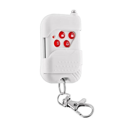 Wireless Keychain Remote for Home Security Alarm Systems - white four-button key fob with clip