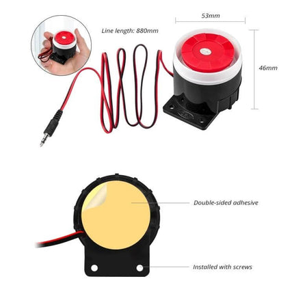 Wireless Home Security Alarm System with Loud Siren Feature compact red-and-black siren module with 880mm cable, 53x46mm dimensions, adhesive and screw mount