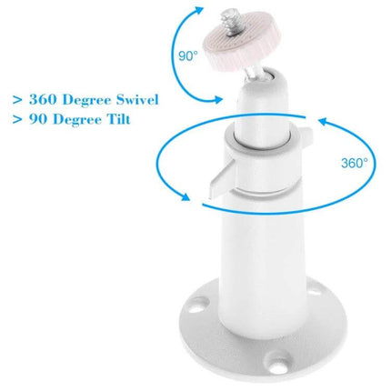 Adjustable Metal Mount for Arlo Security Cameras, Indoor Outdoor showing 360° swivel and 90° tilt white metal camera mount