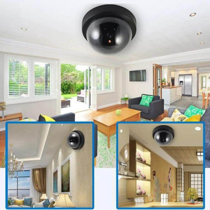 Outdoor Waterproof Dummy LED Security Camera for Home Protection mounted in living room ceiling as realistic black dome decoy to deter intruders