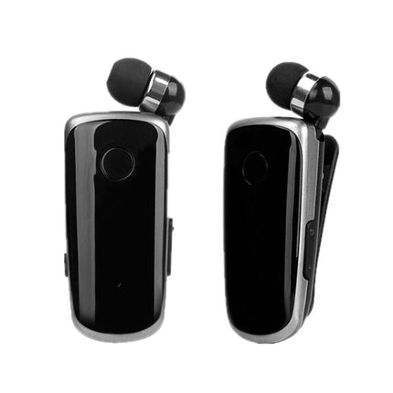 Fineblue Mono Ear Bluetooth Headset With Clip And Vibration shown front and side with clip, earbud, retractable cable, vibrating alert