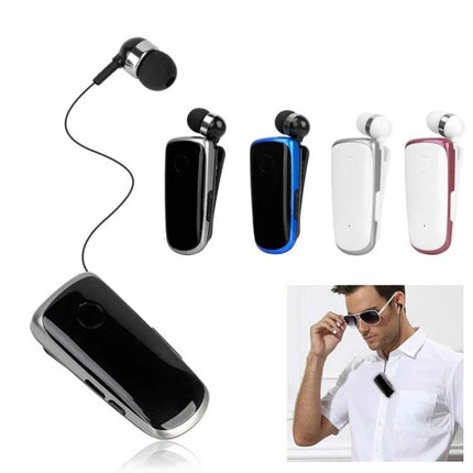 Fineblue Mono Ear Bluetooth Headset With Clip And Vibration shown in black white and blue with retractable cable and clip