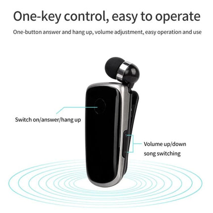 Fineblue Mono Ear Bluetooth Headset With Clip And Vibration showing one-key control and clip