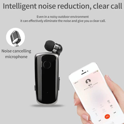 Fineblue Mono Ear Bluetooth Headset With Clip And Vibration shown with noise‑cancelling mic, clip, and phone call screen (100 chars)