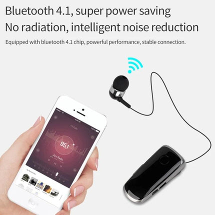Fineblue Mono Ear Bluetooth Headset With Clip And Vibration showing clip, retractable cable, vibrating alert and phone pairing