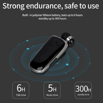 Fineblue Mono Ear Bluetooth Headset With Clip And Vibration showing black earbud with clip, 6H talk time, 5H music, 300H standby
