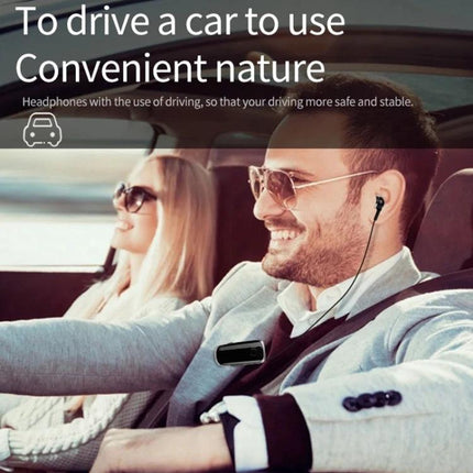 Fineblue Mono Ear Bluetooth Headset With Clip And Vibration shown clipped to driver’s seatbelt, man answering calls while driving (100 chars)