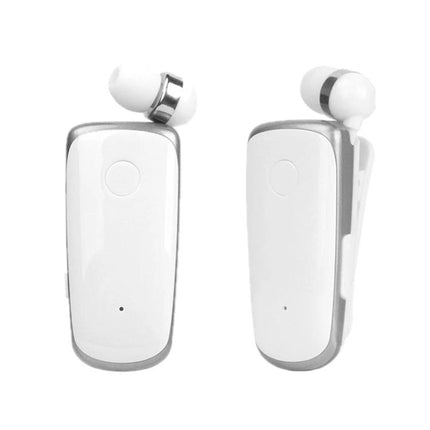 Fineblue Mono Ear Bluetooth Headset With Clip And Vibration shown with earbud, retractable cable and clip for hands-free calls