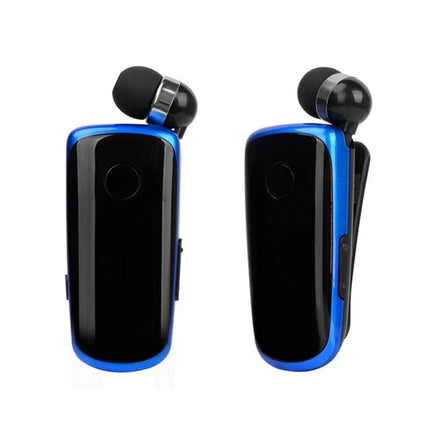 Fineblue Mono Ear Bluetooth Headset With Clip And Vibration showing blue headset with clip, retractable cable and vibration alert