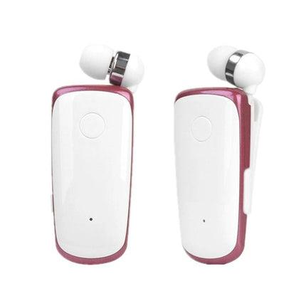 Fineblue Mono Ear Bluetooth Headset With Clip And Vibration showing white-pink clip, earbud, retractable cable and vibrating alert