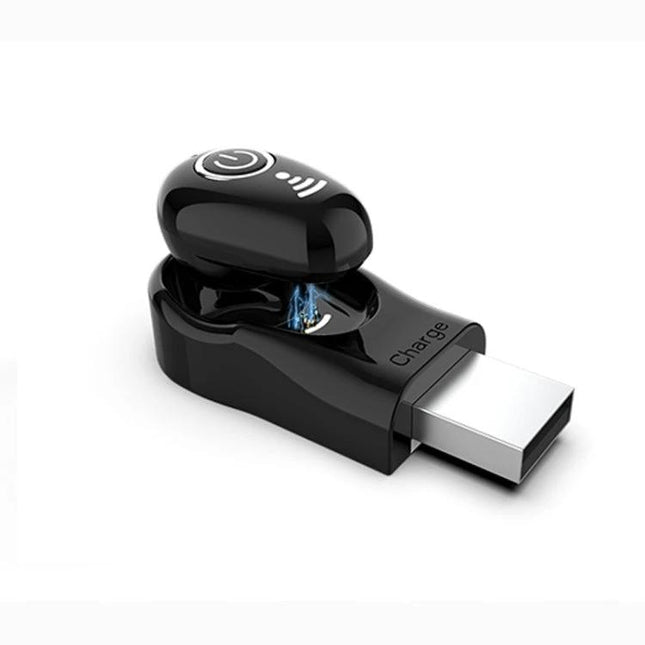 Mini Bluetooth Earbuds With Discreet In Ear Design shown charging in compact USB charger for commuting and calls