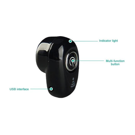 Mini Bluetooth Earbuds With Discreet In Ear Design compact black S650 earbud showing indicator light multi-function button USB