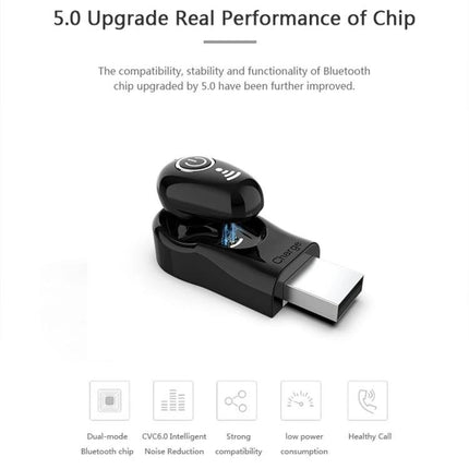 Mini Bluetooth Earbuds With Discreet In Ear Design compact black S650 earbuds in USB charging dock for calls and music