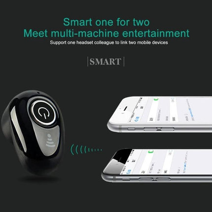 Mini Bluetooth Earbuds With Discreet In Ear Design showing single earbud paired to two smartphones for calls and music