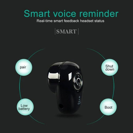 Mini Bluetooth Earbuds With Discreet In Ear Design black S650 single earbud showing pairing, low battery, boot, shutdown