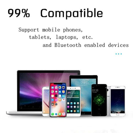 Mini Bluetooth Earbuds With Discreet In Ear Design shown with smartphones, tablets and laptops demonstrating wide Bluetooth compatibility