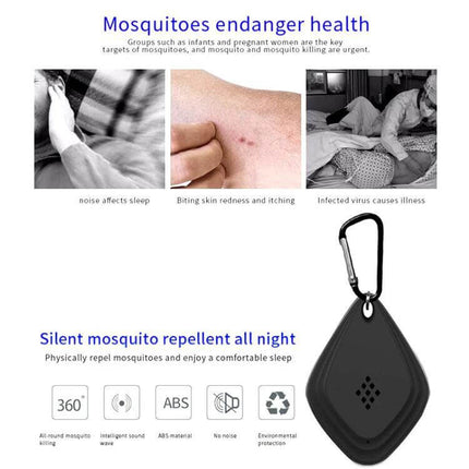 Outdoor Mosquito Repellent USB Charging For Camping compact ultrasonic hanger shown with mosquito bite prevention graphics