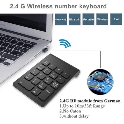 Wireless Mini Numeric Keypad in Black for Laptops - compact 2.4G wireless numeric keypad for laptop data entry, portable plug-and-play design