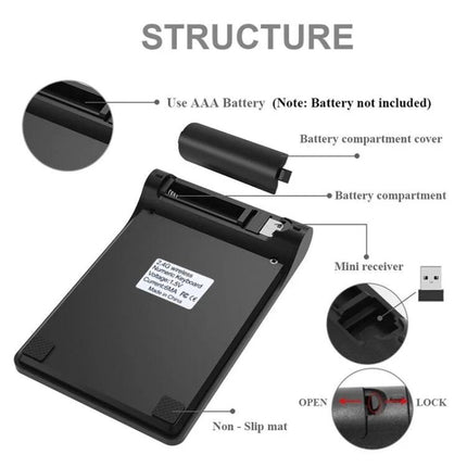 Wireless Mini Numeric Keypad in Black for Laptops showing battery compartment, AAA battery slot, USB mini receiver and non-slip mat