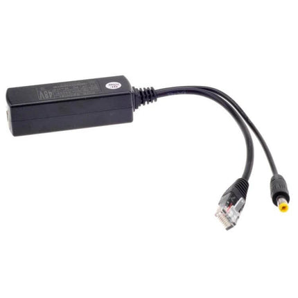 Power Over Ethernet Splitter for IP Security Cameras - black PoE splitter with Ethernet RJ45 and DC power connector for surveillance cameras