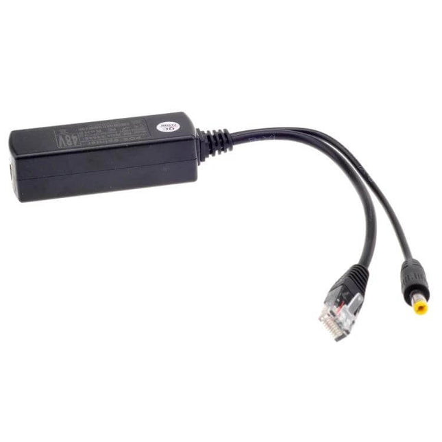 Power Over Ethernet Splitter for IP Security Cameras - black PoE splitter with Ethernet RJ45 and DC power connector for surveillance cameras