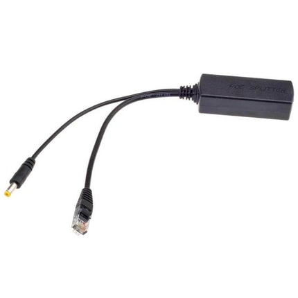 Power Over Ethernet Splitter for IP Security Cameras with RJ45 and DC output, compact black PoE splitter for camera installations