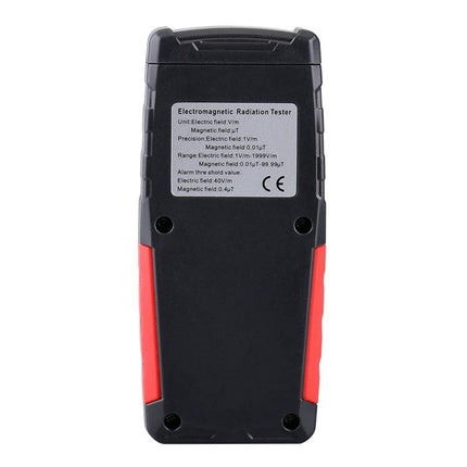 Electromagnetic Radiation Detector for Household Safety Measures handheld meter back view showing label and grips
