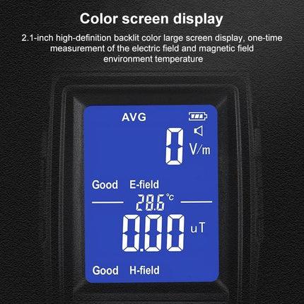 Electromagnetic Radiation Detector for Household Safety Measures digital display showing E-field V/m and H-field µT readings and temperature