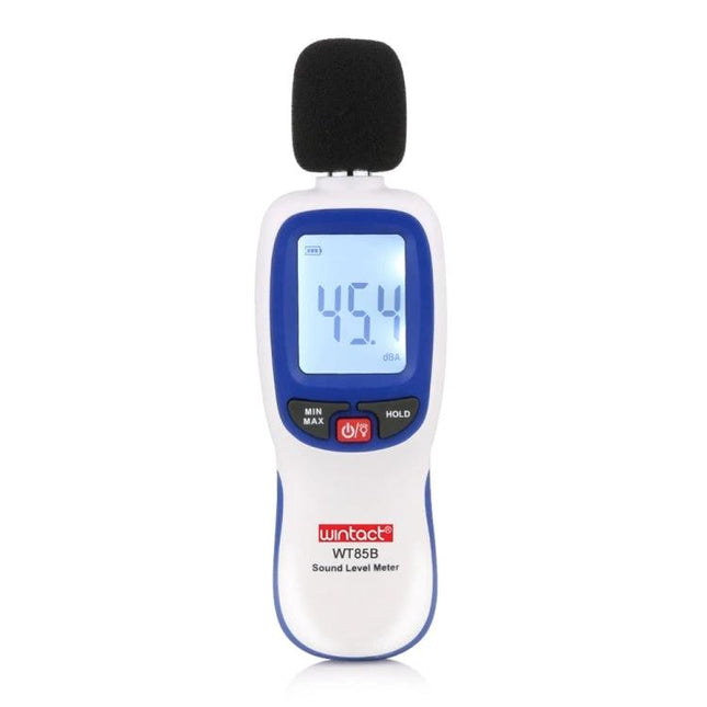 Digital Sound Level Meter for Environmental Noise Monitoring handheld meter showing 45.4 dB with windscreen and LCD display