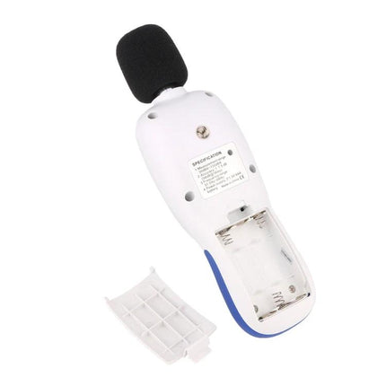 Digital Sound Level Meter for Environmental Noise Monitoring handheld device with foam windscreen and open battery compartment
