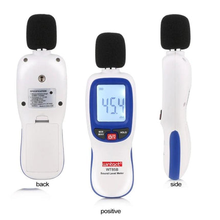 Digital Sound Level Meter for Environmental Noise Monitoring - handheld meter front side and back views showing display and foam mic windscreen