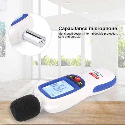Digital Sound Level Meter for Environmental Noise Monitoring handheld device with foam windscreen and LCD reading 45 dB