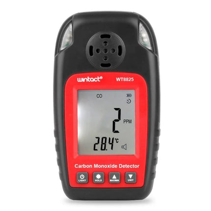 Wintact Portable Carbon Monoxide Detector for Home Safety handheld CO monitor showing 2 PPM and 28.4°C on LCD display