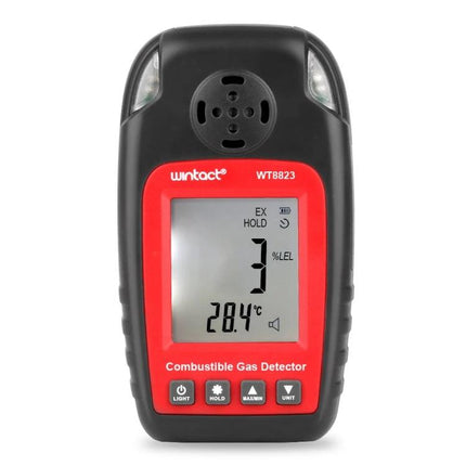 Portable Combustible Gas Leak Detector for Home Safety - handheld gas detector with digital display showing 3% LEL and 28.4°C