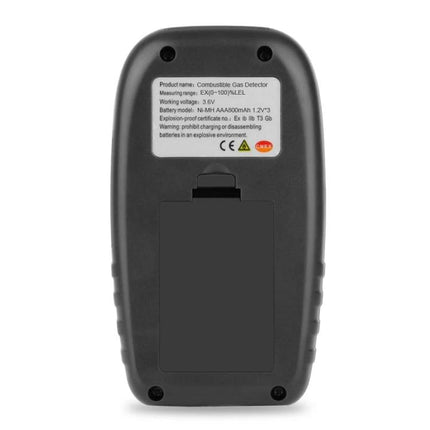 Portable Combustible Gas Leak Detector for Home Safety rear view showing battery compartment and label
