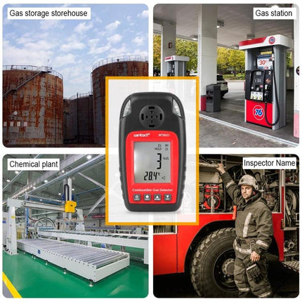 Portable Combustible Gas Leak Detector for Home Safety - handheld sensor checking gas station, storage tanks, chemical plant, and inspector use