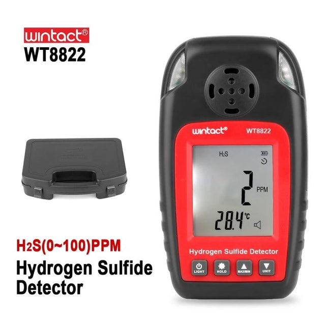 Wintact Hydrogen Sulfide Gas Detector for Safety Monitoring handheld H2S monitor WT8822 showing 2 PPM and carrying case